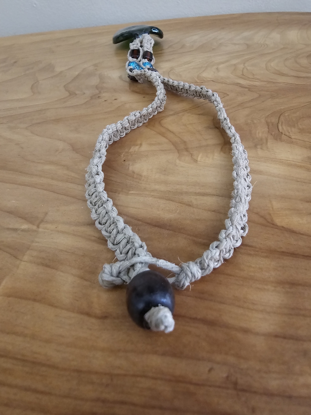 Blue-Green Glass Pendant Necklace with Macramé Cord - Picture 5 of 5